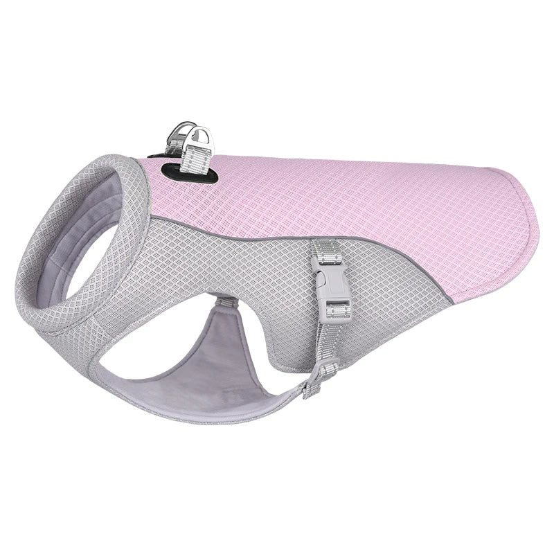 Dog cooling vest in pink color with breathable mesh and moisture wicking fabric for hot weather comfort (Color: Pink)