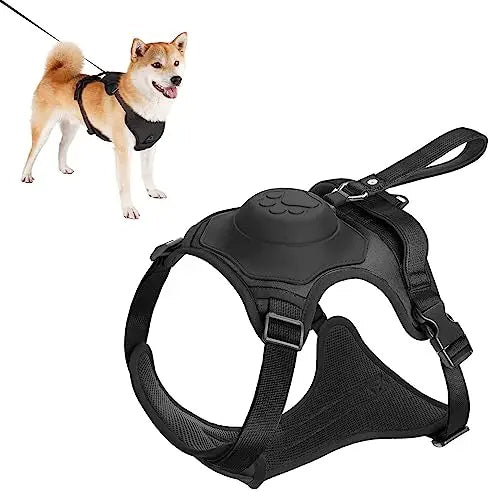Dog harness and retractable leash set in black color with adjustable straps and anti tangle design for safe walking (Color: Black)