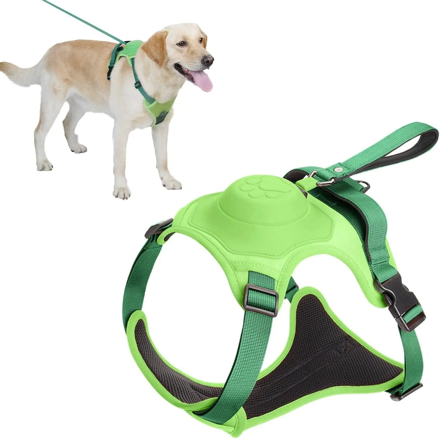 Dog harness and retractable leash set in green color with adjustable straps and anti tangle design for safe walking (Color: Green)