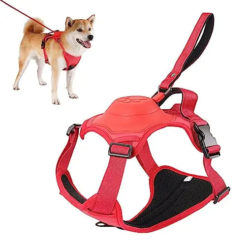 Dog harness and retractable leash set in red color with adjustable straps and anti tangle design for safe walking (Color: Red)