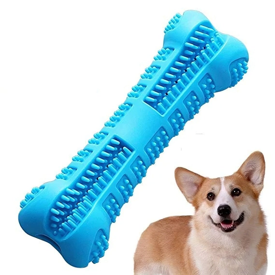 Dog toothbrush chew toy in blue color made of soft rubber for dental cleaning and plaque removal (Color: Blue)
