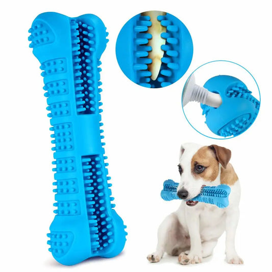 Dog toothbrush chew toy made of soft rubber for dental cleaning and plaque removal