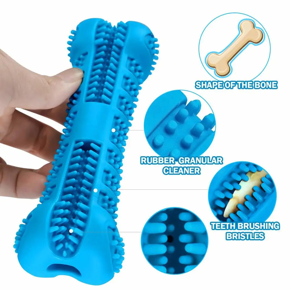 Dog toothbrush chew toy made of soft rubber for dental cleaning and plaque removal depiction of parts