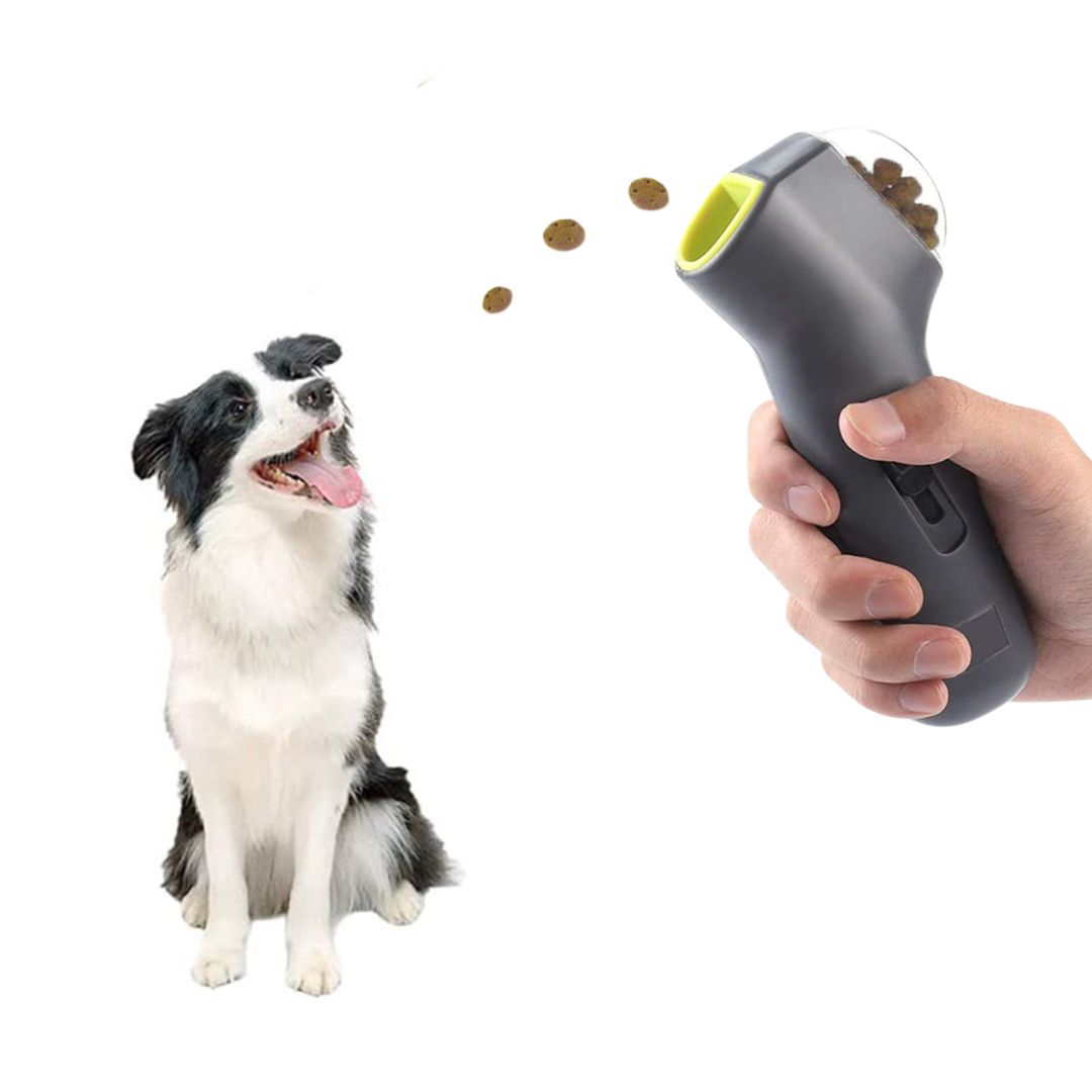 Dog treat launcher toy for tossing treats and interactive play with pets depiction of play with a dog
