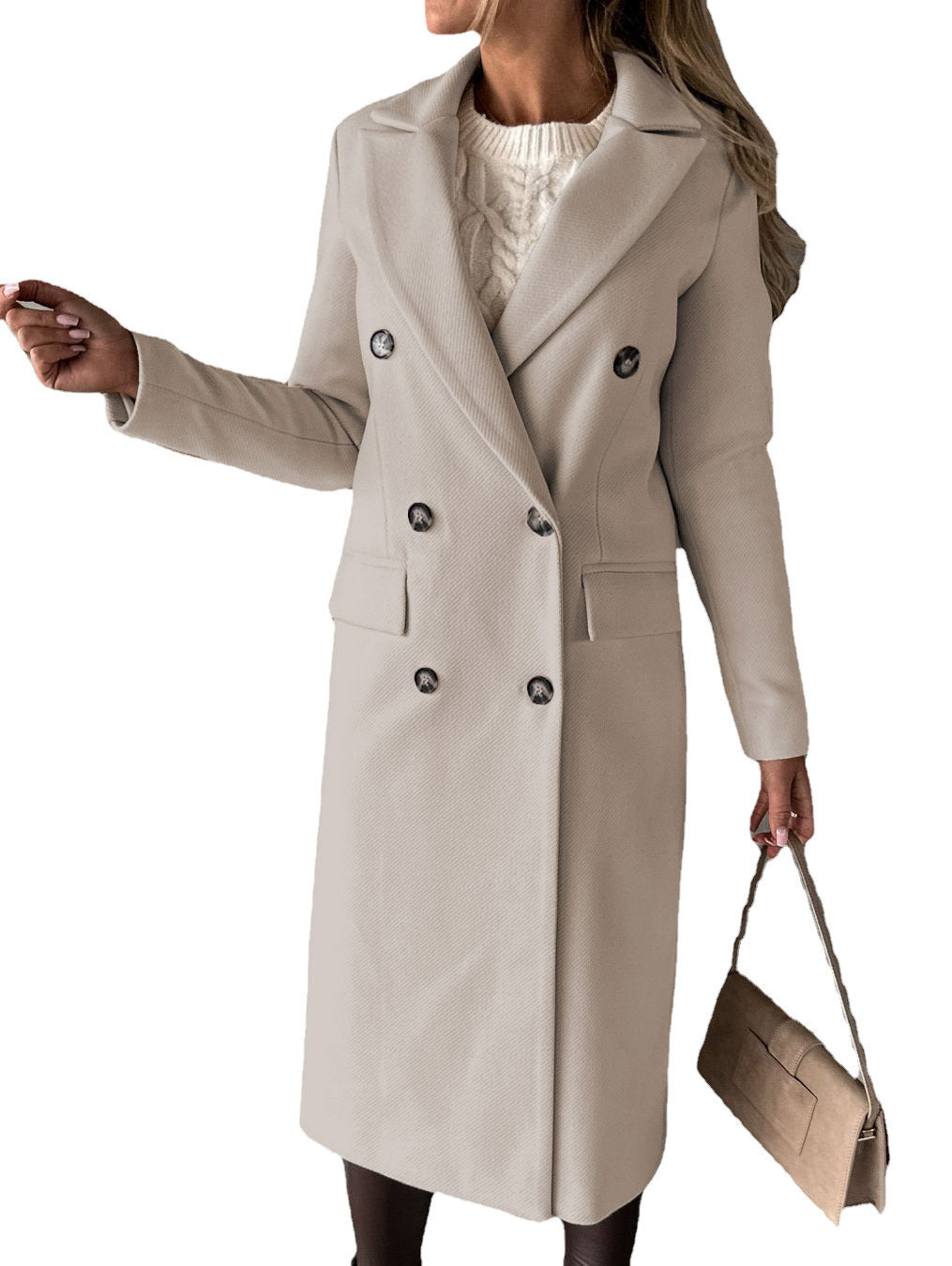 Double breasted long coat in beige color with lapel collar and tailored fit for women model shot (Color: Beige)