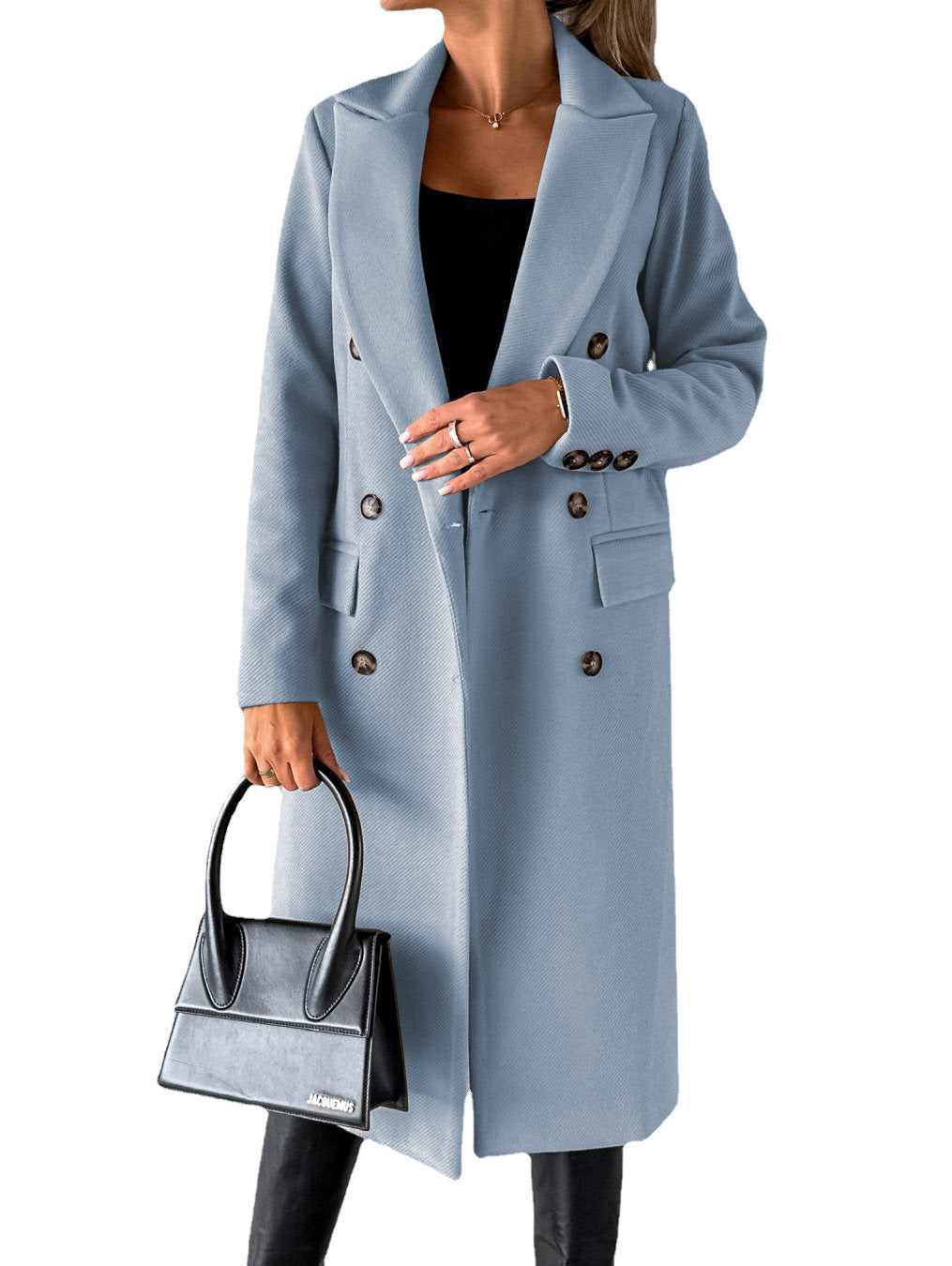 Double breasted long coat in blue color with lapel collar and tailored fit for women model shot (Color: Blue)