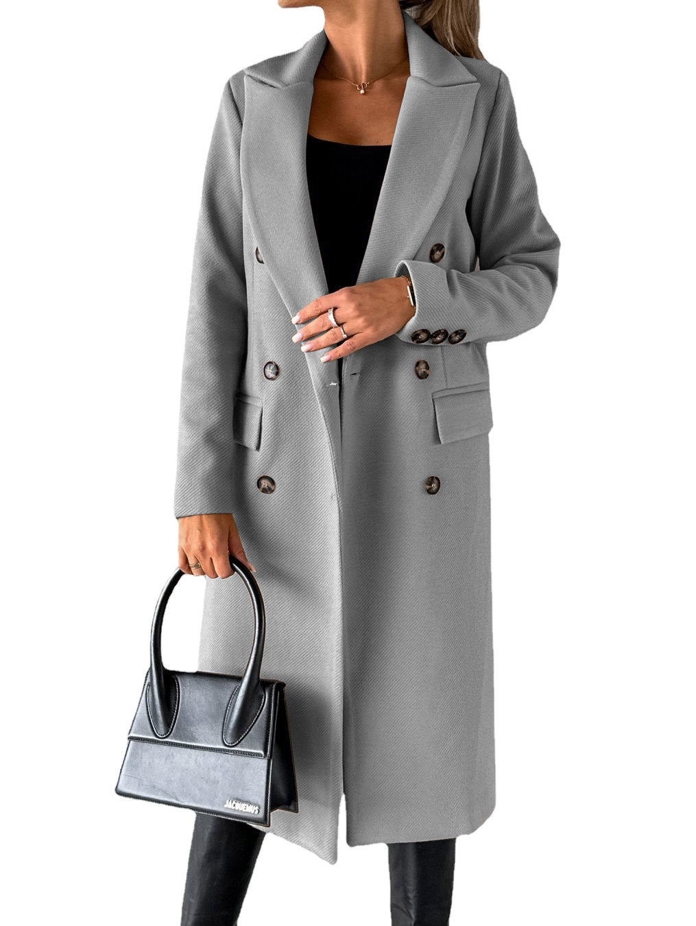 Double breasted long coat in gray color with lapel collar and tailored fit for women model shot (Color: Gray)