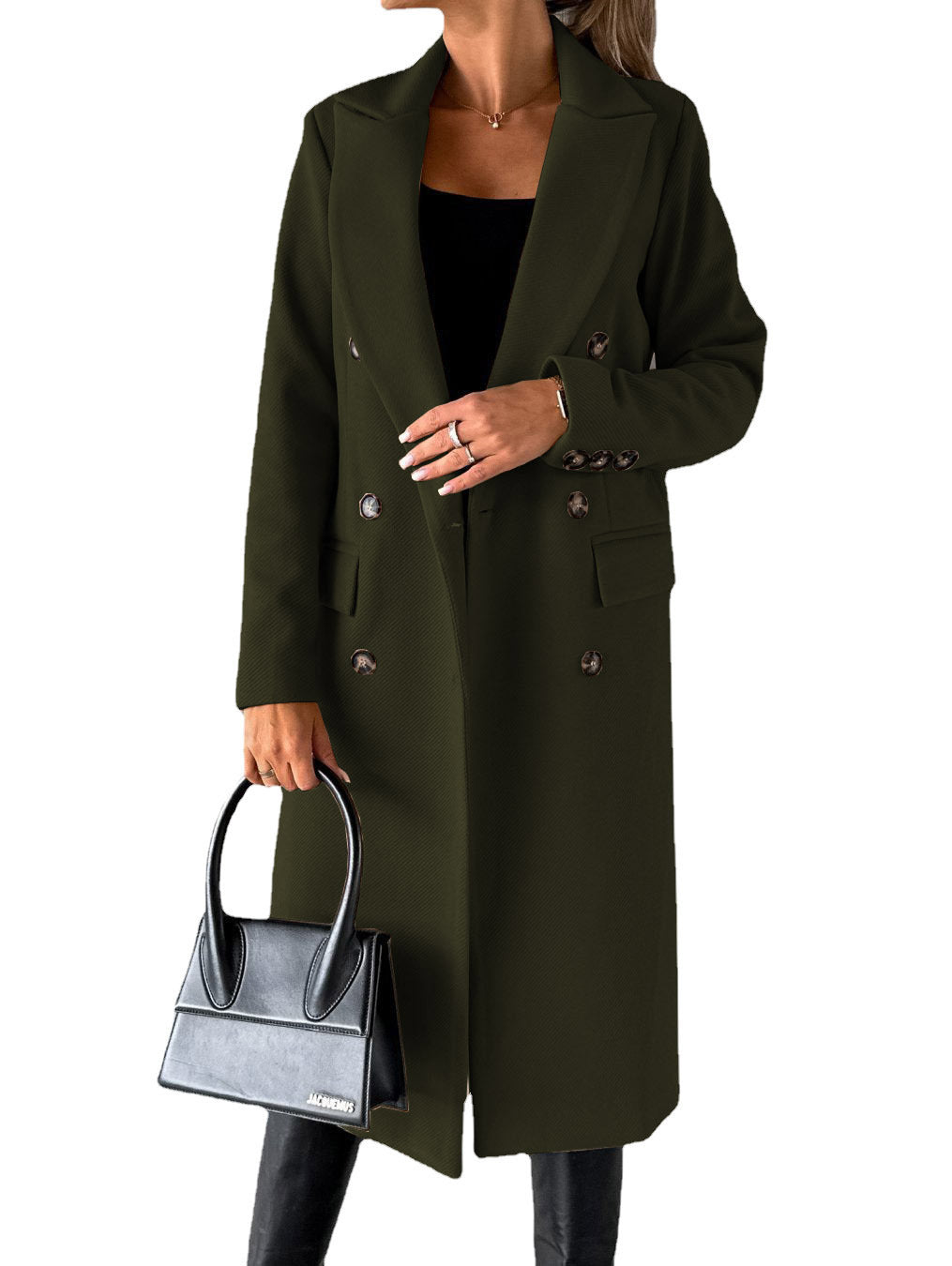 Double breasted long coat in green color with lapel collar and tailored fit for women model shot (Color: Green)