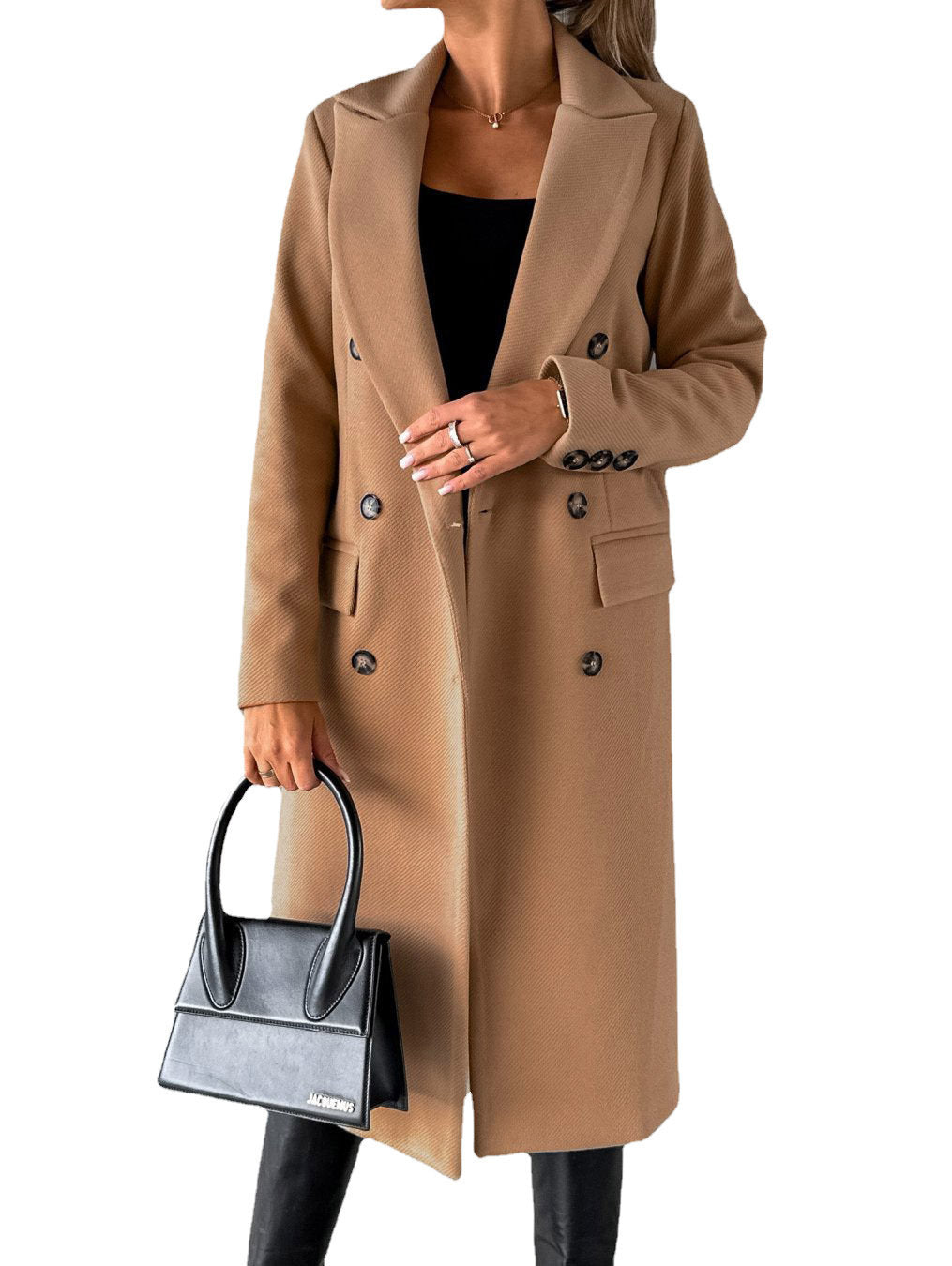 Double breasted long coat in khaki color with lapel collar and tailored fit for women model shot (Color: Khaki)