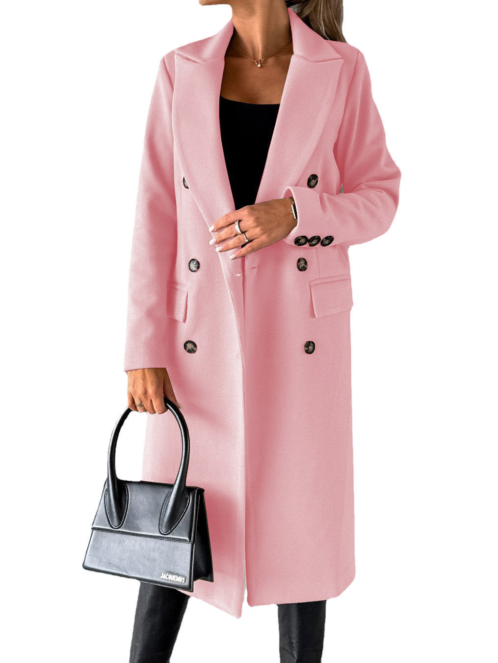 Double breasted long coat in pink color with lapel collar and tailored fit for women model shot (Color: Pink)