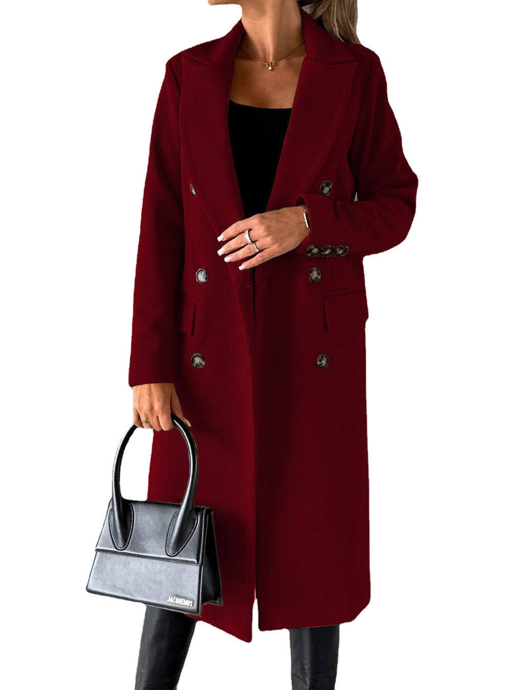 Double breasted long coat in red color with lapel collar and tailored fit for women model shot (Color: Red)