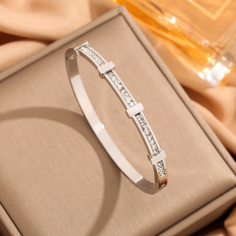 Double layer bracelet in silver color with zircon stones and elegant layered design for everyday wear (Color: Silver)