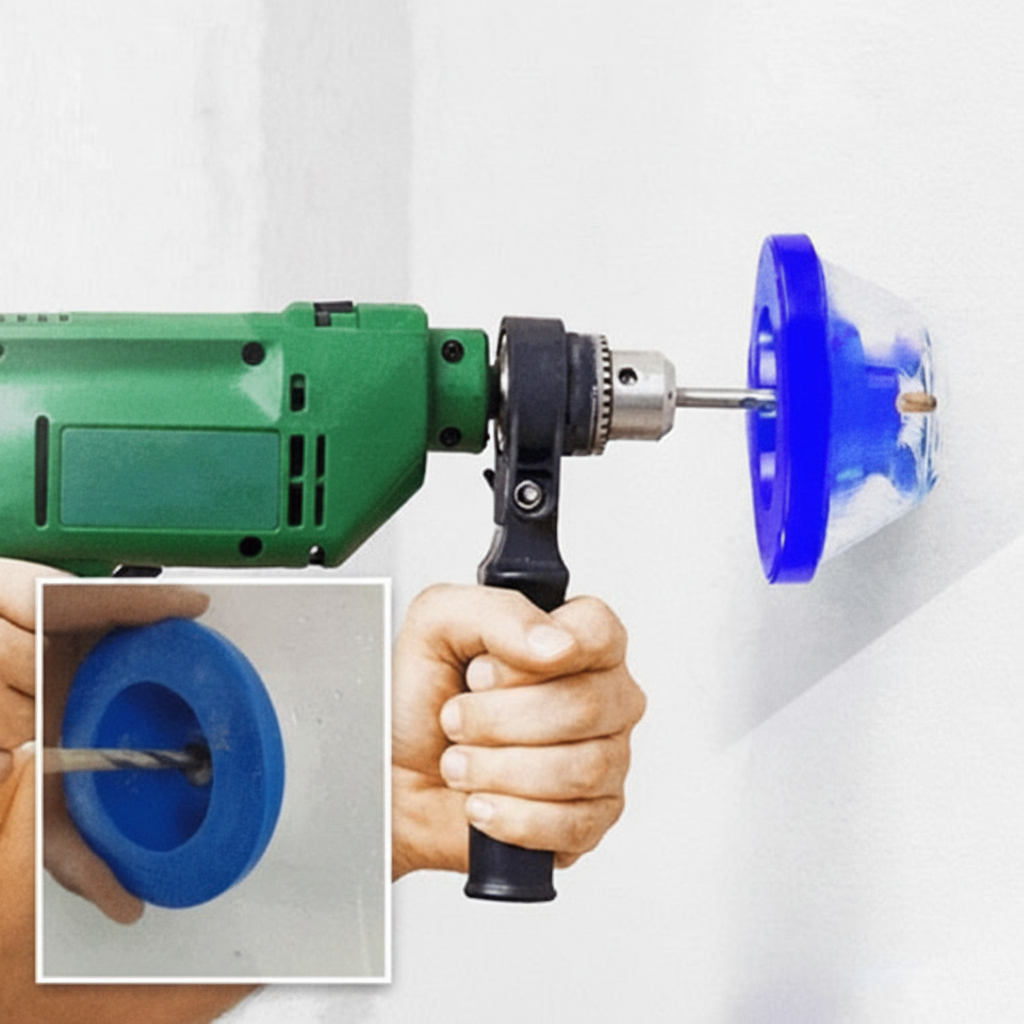 Drill dust collector attachment with transparent cover and built in brush for cleaner drilling work depiction of use