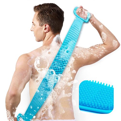 Dual sided shower back scrubber with exfoliating texture and easy grip handles for full body cleansing