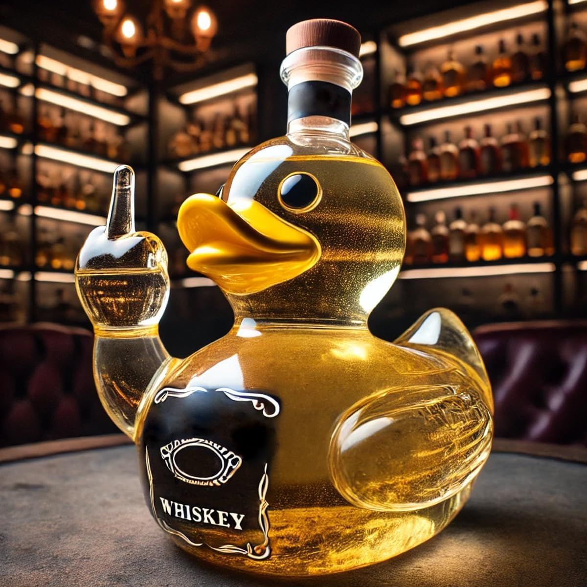 Duck-shaped glass whiskey bottle in black color for storing liquor or wine with a decorative novelty design (Color: Black)