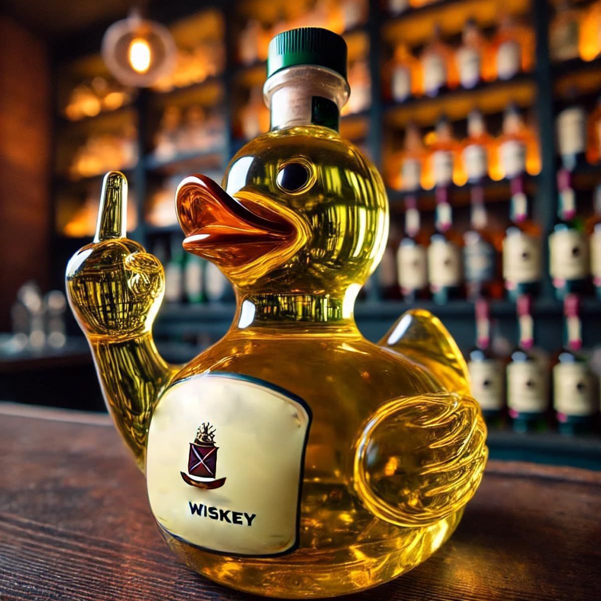 Duck-shaped glass whiskey bottle in red color for storing liquor or wine with a decorative novelty design (Color: Red)