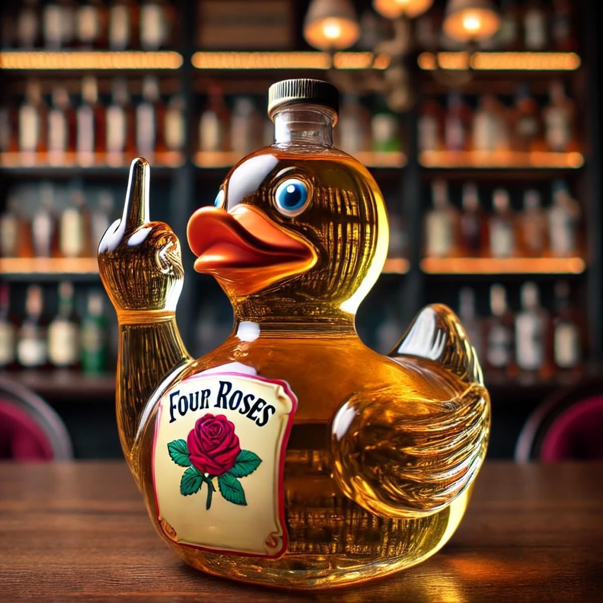 Duck-shaped glass whiskey bottle in rose color for storing liquor or wine with a decorative novelty design (Color: Rose)