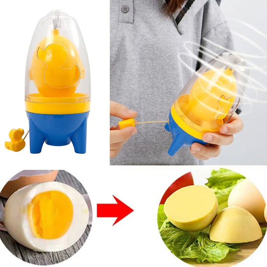 Egg mixer spinner tool for blending egg yolk and white inside shell depiction of use