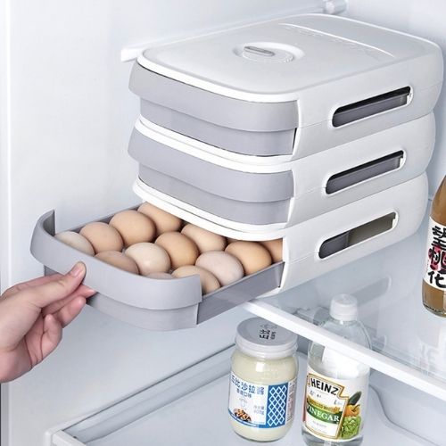 Egg storage drawer with stackable design airflow ventilation and freshness tracking lid depiction of use in refrigerator