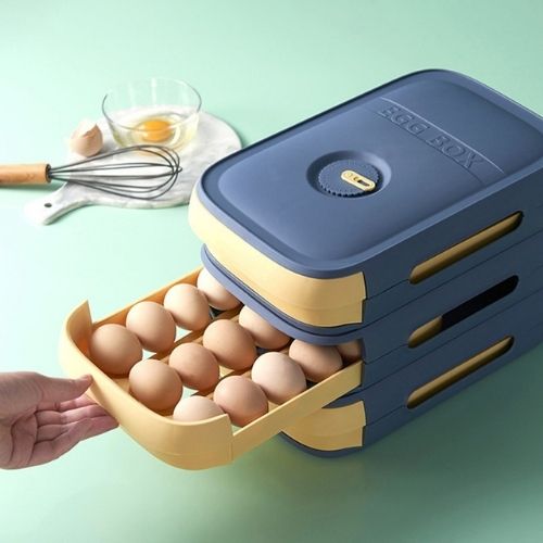 Egg storage drawer with stackable design airflow ventilation and freshness tracking lid