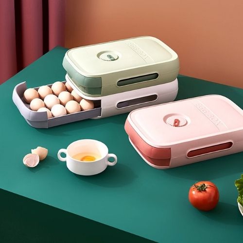 Egg storage drawer with stackable design airflow ventilation and freshness tracking lid trio