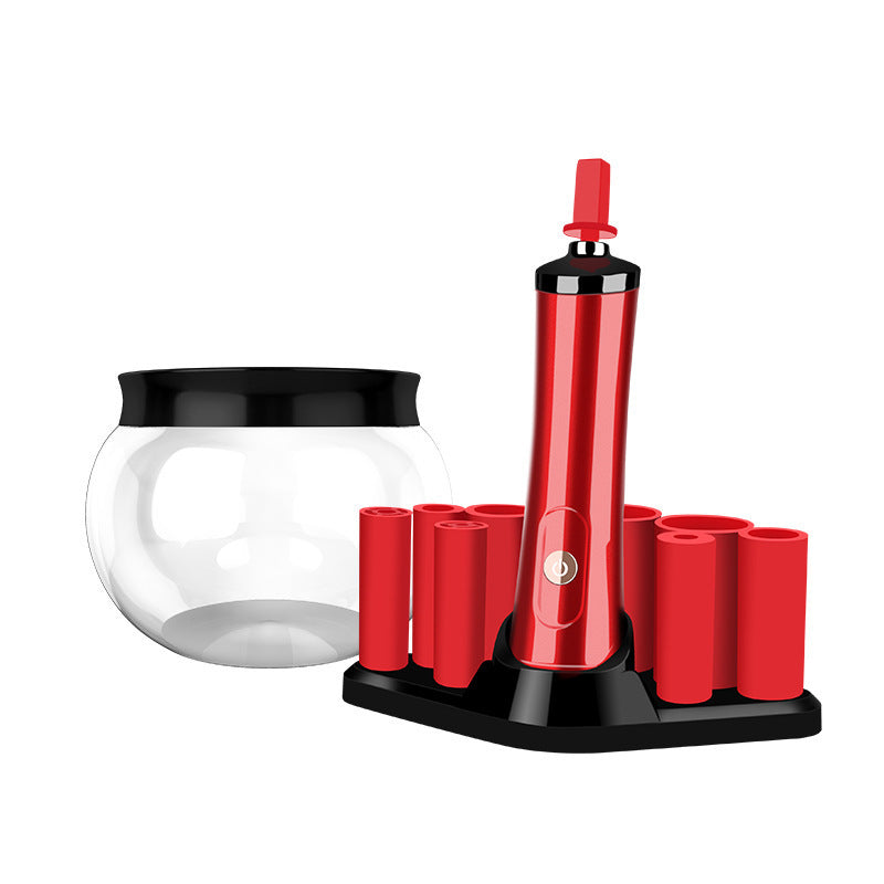 Electric makeup brush scrubber cleaner in red color designed to automatically clean makeup brushes quickly and efficiently (Color: Red)