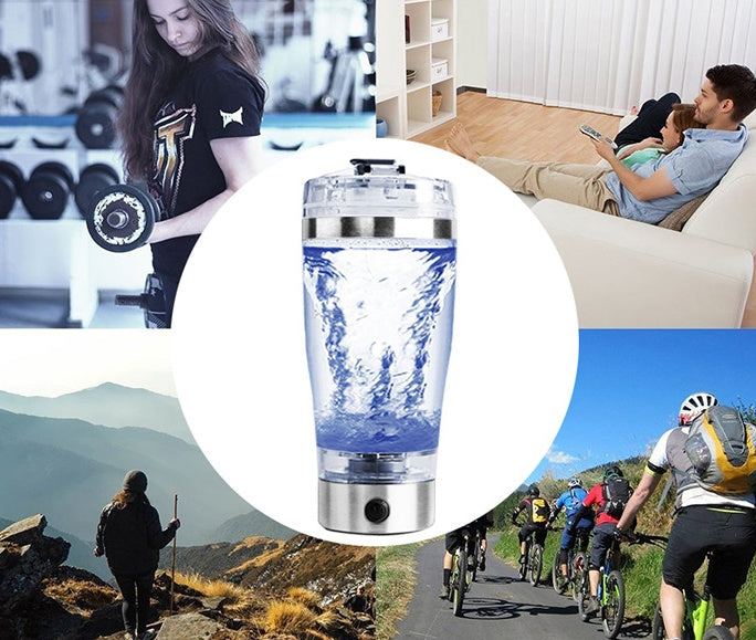 Electric protein shake mixer bottle designed to blend protein powders and drinks smoothly with one-touch operation depiction of people who can use it