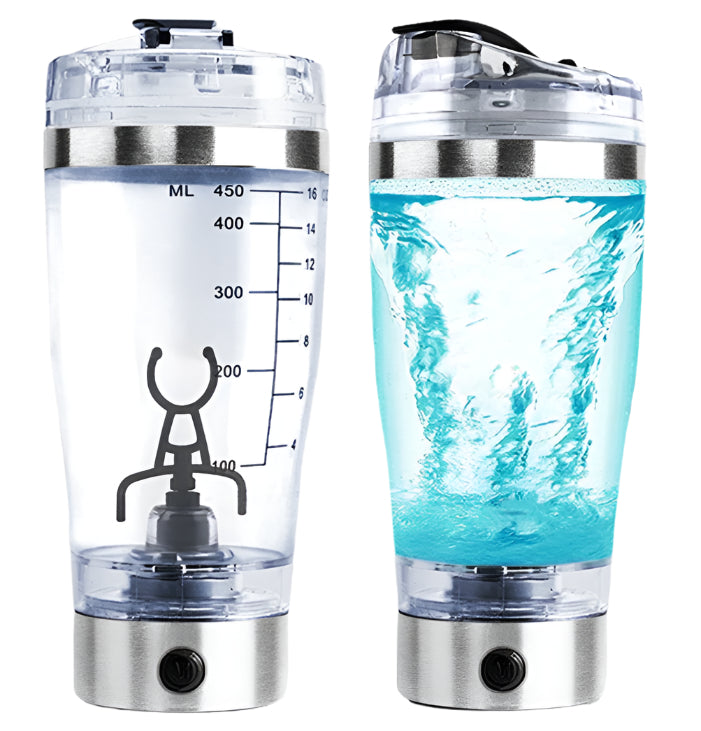 Electric protein shake mixer bottle designed to blend protein powders and drinks smoothly with one-touch operation depiction of running and durable state shots