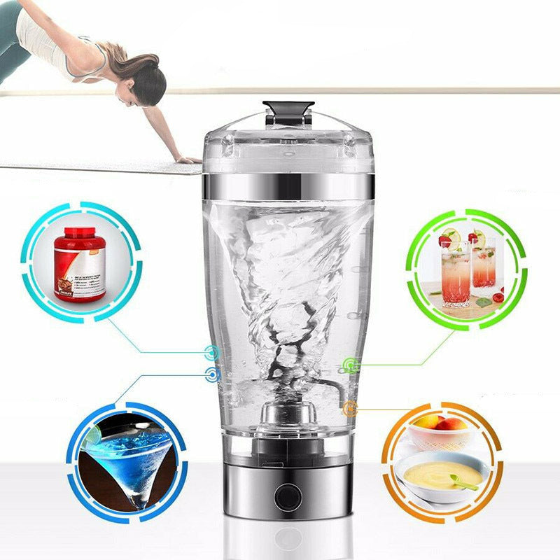Electric protein shake mixer bottle designed to blend protein powders and drinks smoothly with one-touch operation use cases