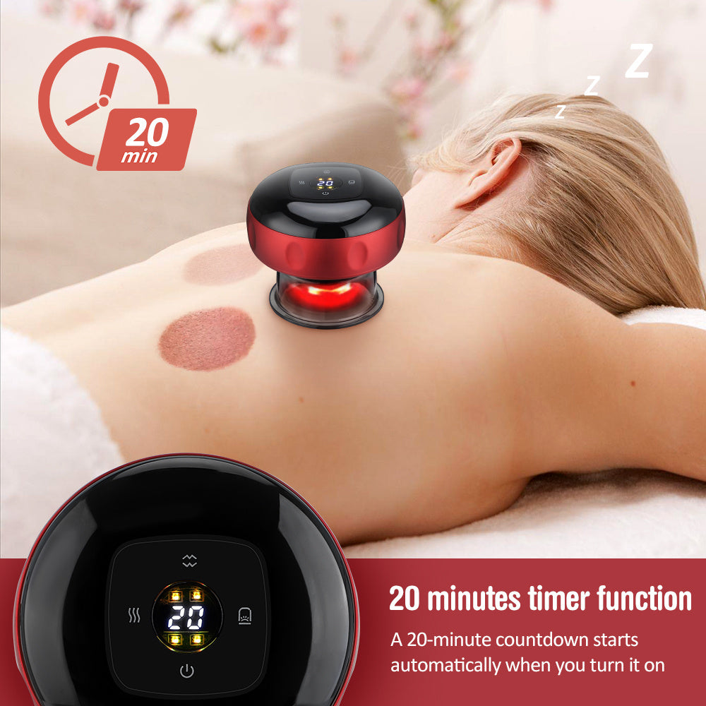 Electric vacuum cupping massage device with suction and heat therapy for body relaxation and muscle relief depiction of timer function