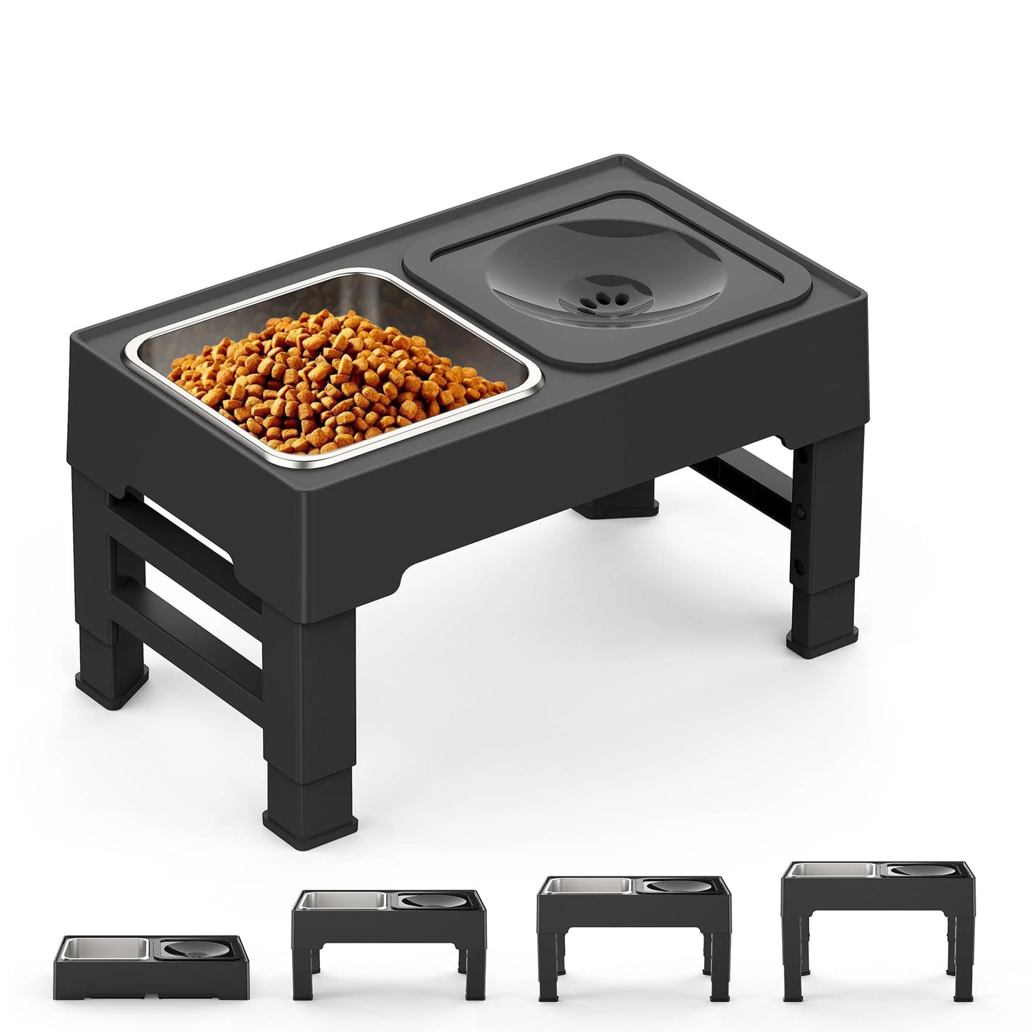 Elevated adjustable dog bowl with slow feeder and splash proof water design depiction of adjustable height