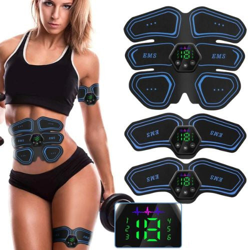 EMS muscle trainer with adjustable intensity levels for abdominal and body muscle stimulation female model shot