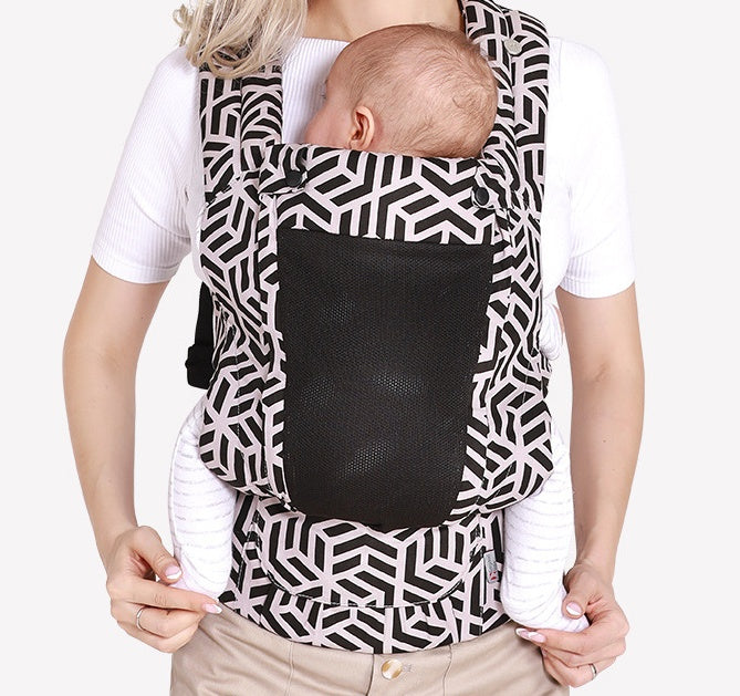 Ergonomic front facing hip seat baby carrier in apricot color with mother and baby