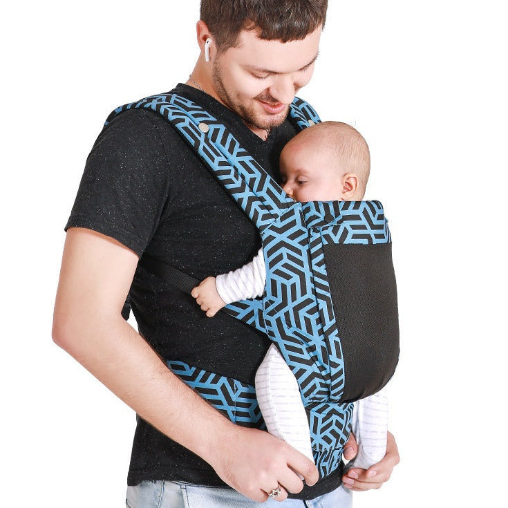 Ergonomic front facing hip seat baby carrier in blue color with father and baby