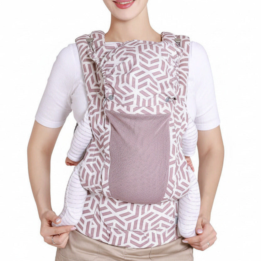 Ergonomic front facing hip seat baby carrier in pink color with mother and baby