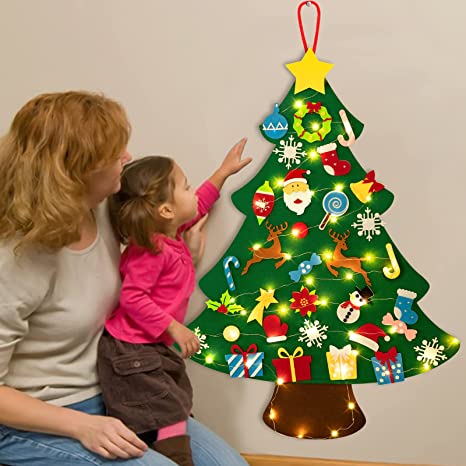 Felt christmas tree wall decor with removable ornaments for kids diy holiday decoration depiction on a wall