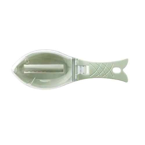 Fish scale scraper tool in green color with protective cover designed for easy fish scaling and kitchen cleaning (Color: Green Variant)