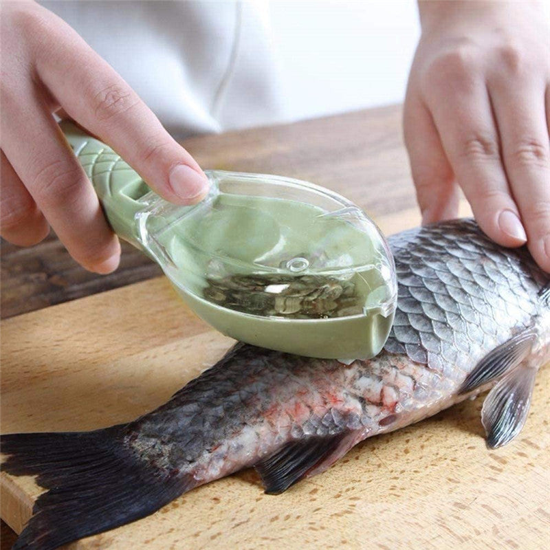 Fish scale scraper tool in green color with protective cover designed for easy fish scaling and kitchen cleaning (Color: Green)