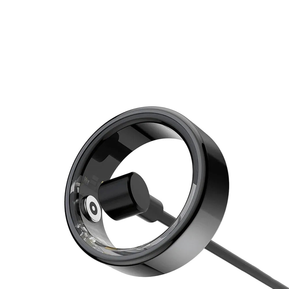Smart fitness ring tracking heart rate sleep and activity with long battery life depiction of charging