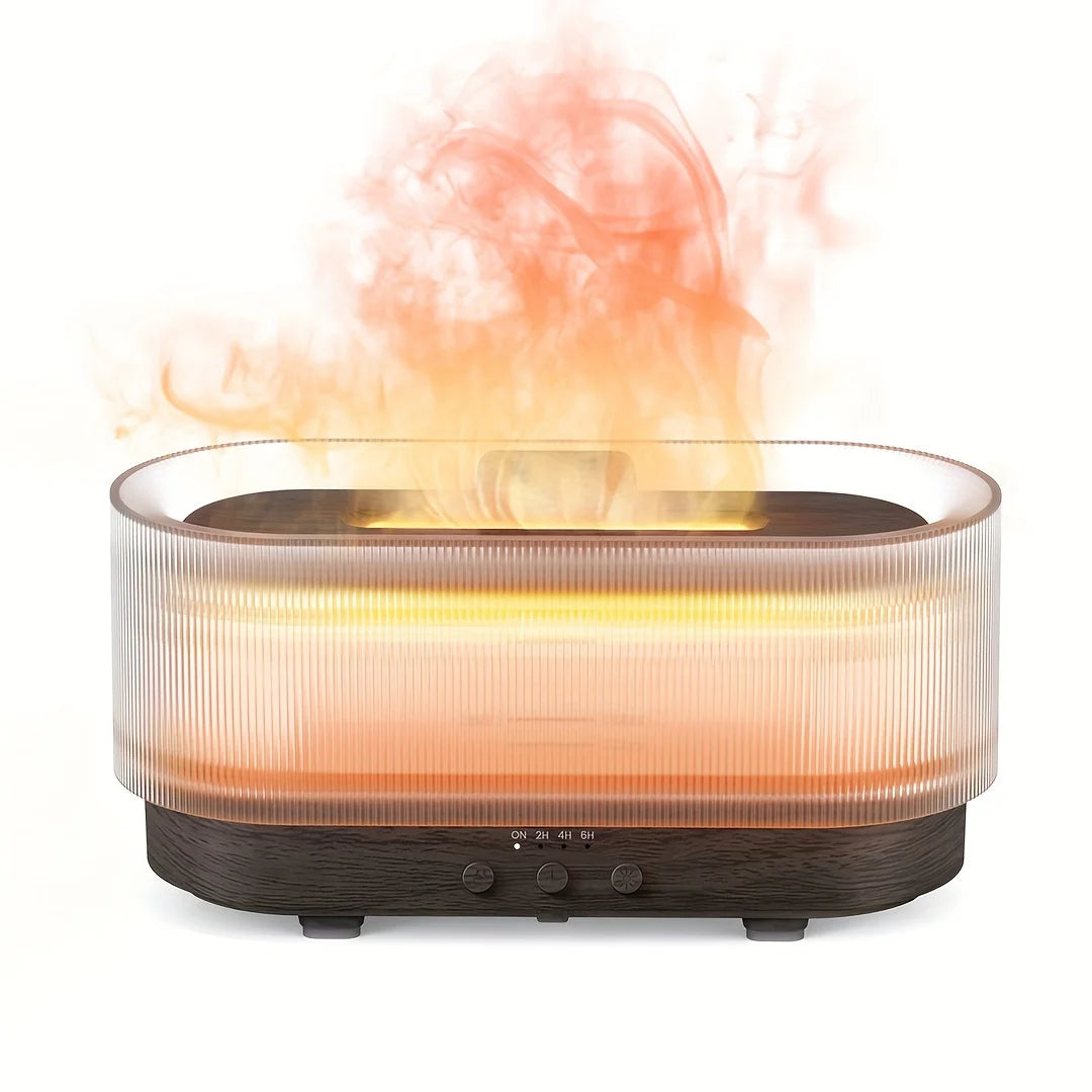 Flame mist humidifier in dark wood color with ambient led lighting ultrasonic diffusion and quiet operation for relaxation (Color: Dark Wood)