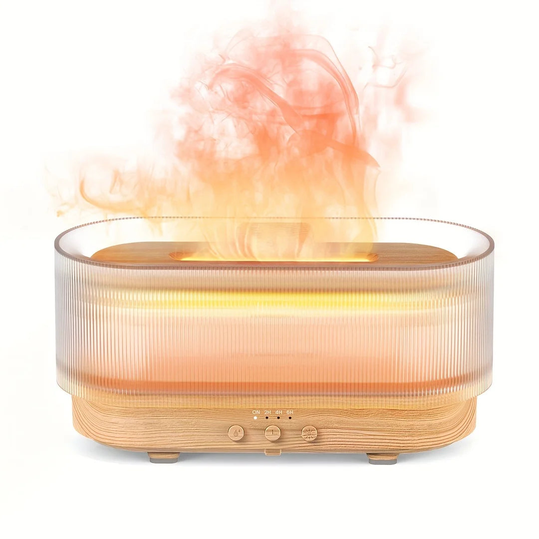 Flame mist humidifier in light wood color with ambient led lighting ultrasonic diffusion and quiet operation for relaxation (Color: Light Wood)