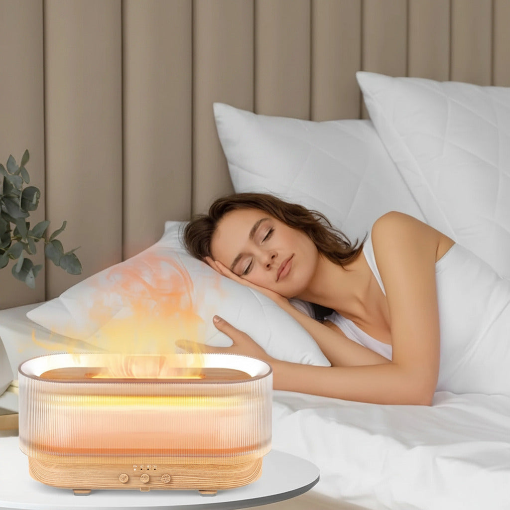 Flame mist humidifier with ambient led lighting ultrasonic diffusion and quiet operation for relaxation model shot
