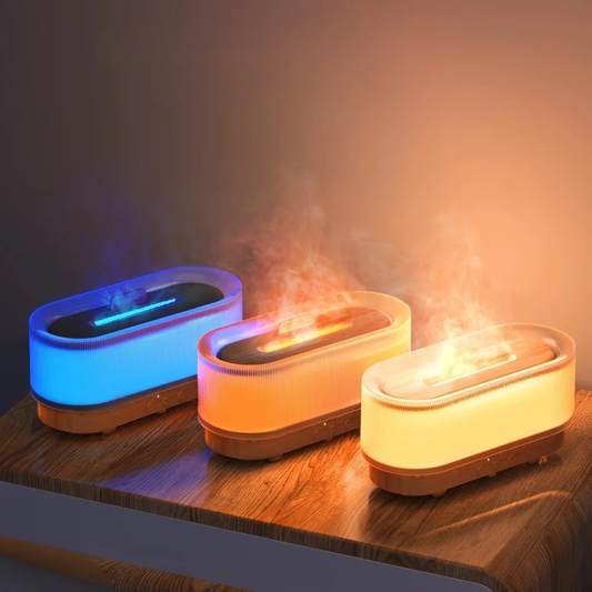 Flame mist humidifier with ambient led lighting ultrasonic diffusion and quiet operation for relaxation trio