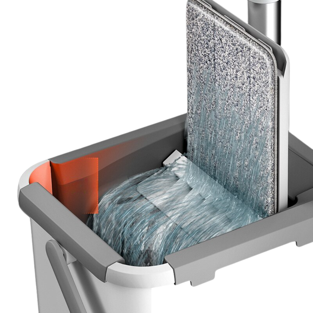 Flat squeeze mop and bucket set with microfiber pads for wet and dry floor cleaning depiction of easy cleaning