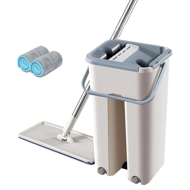 Flat squeeze mop and bucket set with microfiber pads for wet and dry floor cleaning product shot