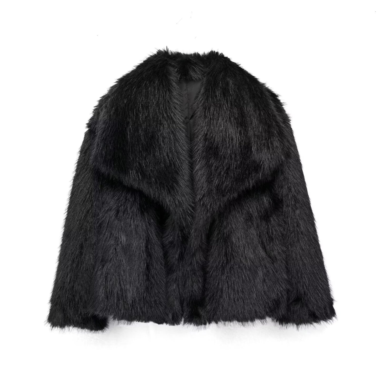 Fluffy plush coat in black color with lapel collar and long sleeves for cozy winter wear (Color: Black)