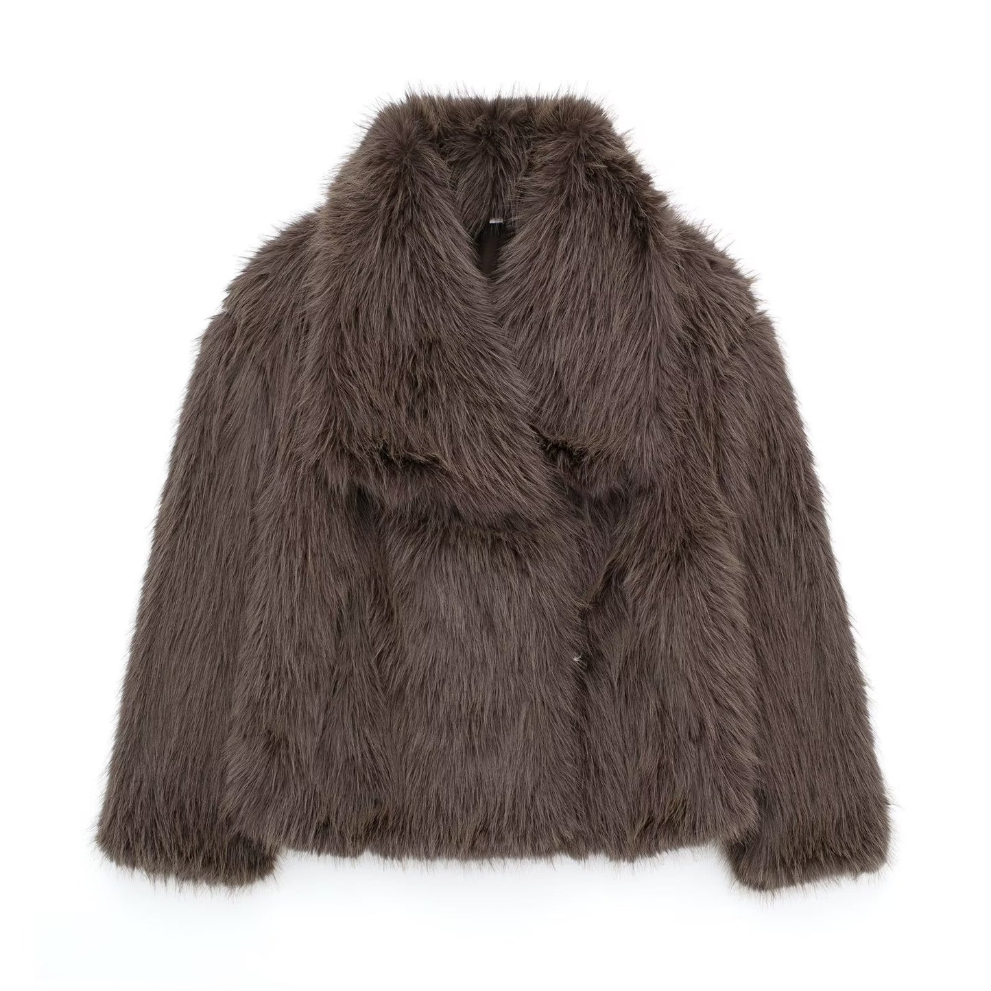 Fluffy plush coat in brown color with lapel collar and long sleeves for cozy winter wear (Color: Brown)