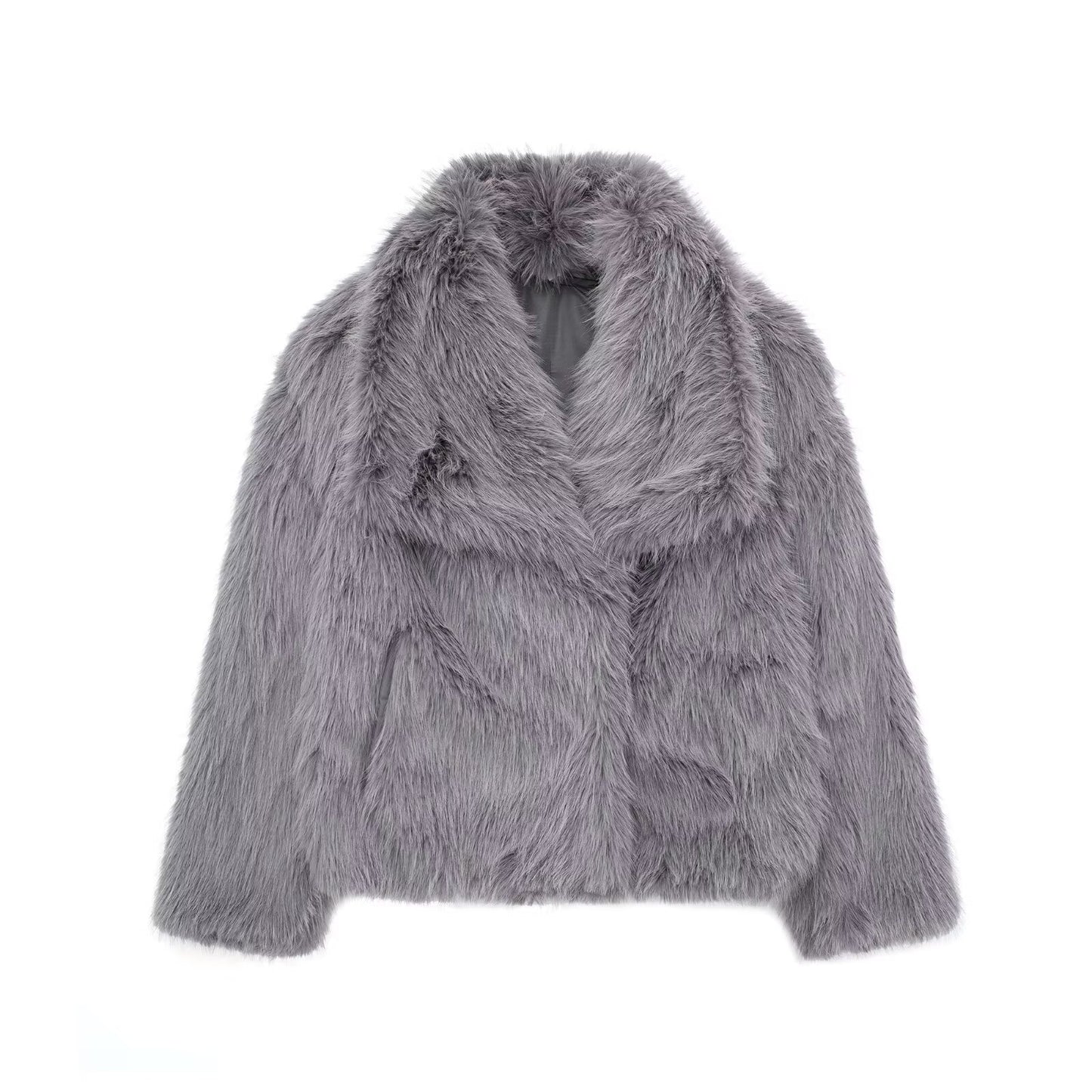 Fluffy plush coat in gray color with lapel collar and long sleeves for cozy winter wear (Color: Gray)