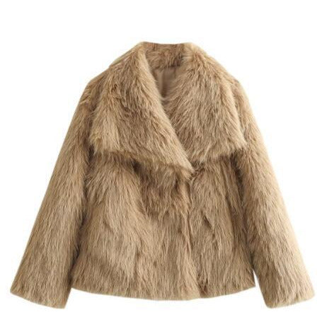 Fluffy plush coat in khaki color with lapel collar and long sleeves for cozy winter wear (Color: Khaki)