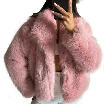 Fluffy plush coat in pink color with lapel collar and long sleeves for cozy winter wear (Color: Pink)